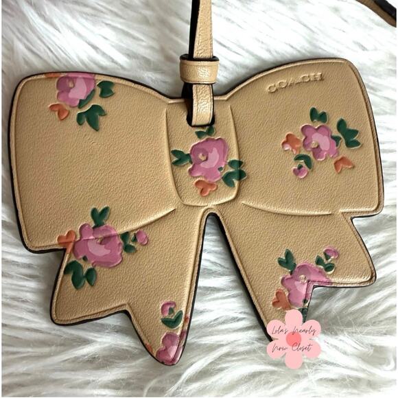 Coach Bow Floral Printed Tan Leather Bag Charm Fob - Picture 2 of 3